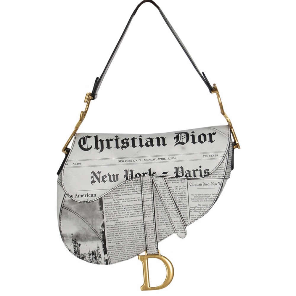Dior White And Black Calfskin Newspaper Print Saddle Bag